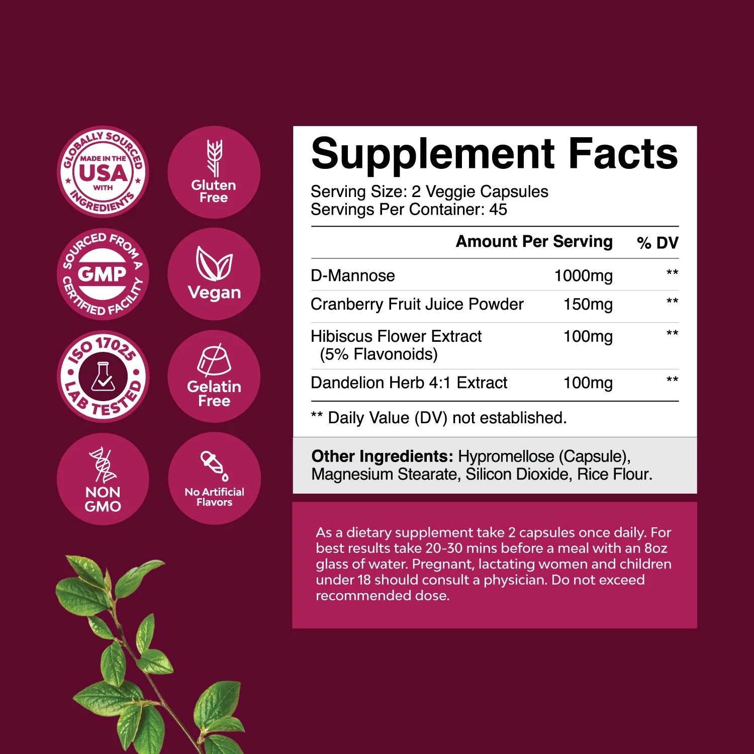 D Mannose Capsules for Urinary Tract Health - High Potency D-Mannose with Cranberry Juice Powder & Dandelion for Urinary Tract Health for Women Fast Acting Super Concentrated Cranberry - 90 Capsules