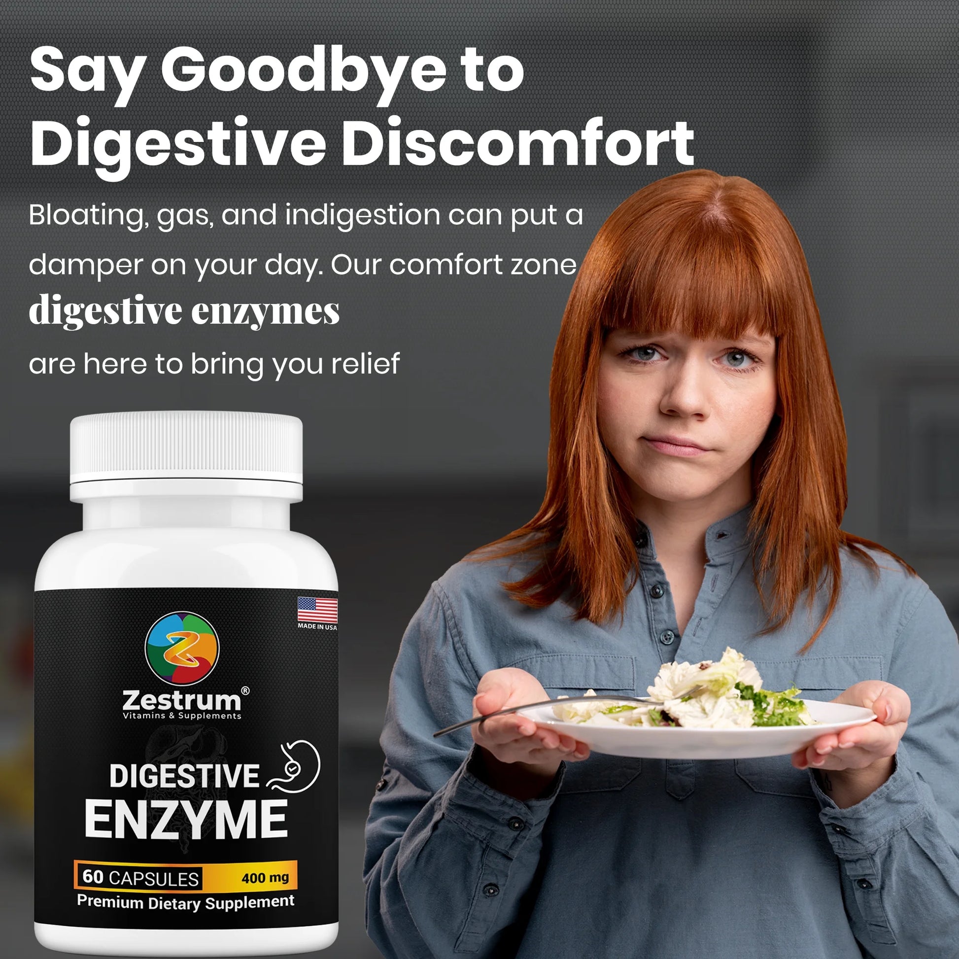 ZESTRUM Digestive Enzymes - 400Mg Ultra Digestive Food Enzymes for Gas, Bloating & Food Digestion - 60Ct
