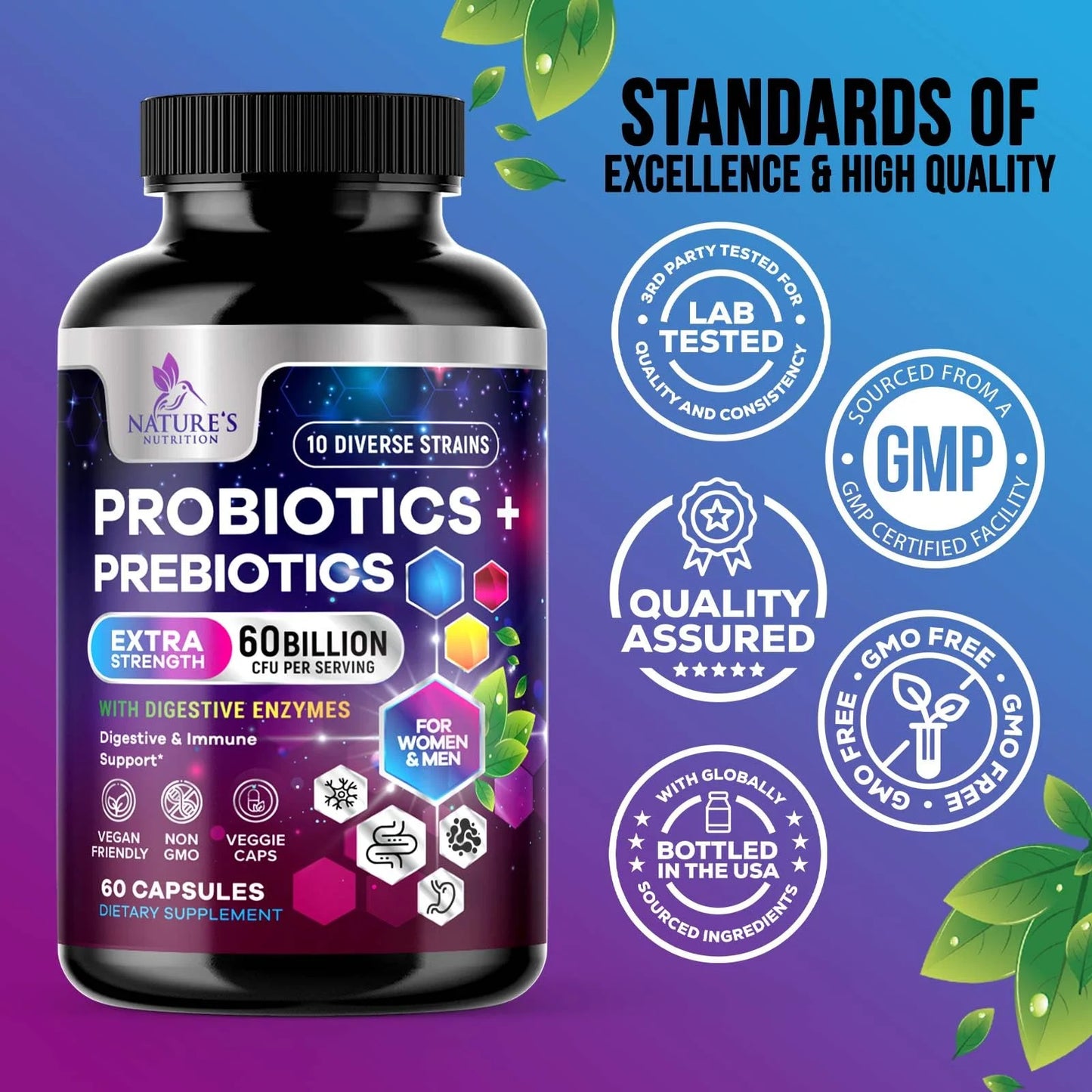 Daily Probiotic for Women & Men 60 Billion CFU 10 Strains Supplement Lactobacillus Probiotics - Digestive Gut & Immune Health Support - Supports Occasional Constipation, Gas & Bloating - 60 Capsules