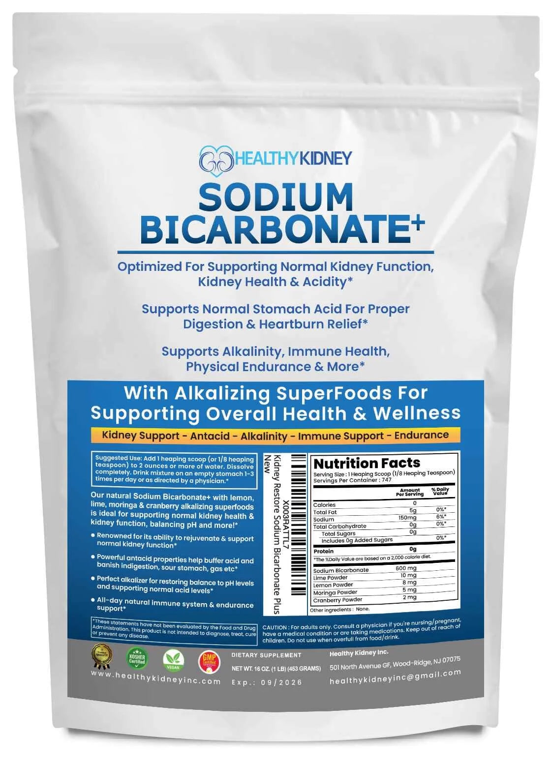 Healthy Kidney Sodium Bicarbonate+, Alkaline Supplement for Alkalinity, Support Kidneys & Stomach Acid Neutralizer with Alkaline Superfoods. Sodium Bicarbonate Powder Kidney Immune, 1 Lb.