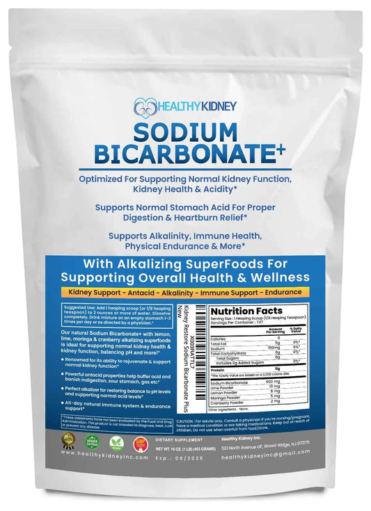 Healthy Kidney Sodium Bicarbonate+, Alkaline Supplement for Alkalinity, Support Kidneys & Stomach Acid Neutralizer with Alkaline Superfoods. Sodium Bicarbonate Powder Kidney Immune, 1 Lb.
