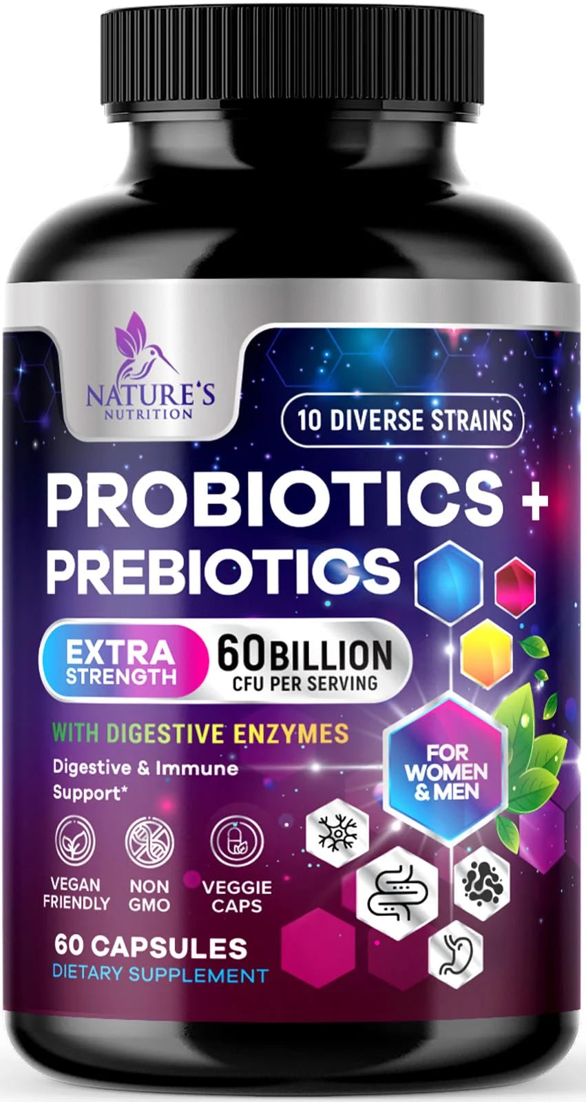 Daily Probiotic for Women & Men 60 Billion CFU 10 Strains Supplement Lactobacillus Probiotics - Digestive Gut & Immune Health Support - Supports Occasional Constipation, Gas & Bloating - 60 Capsules