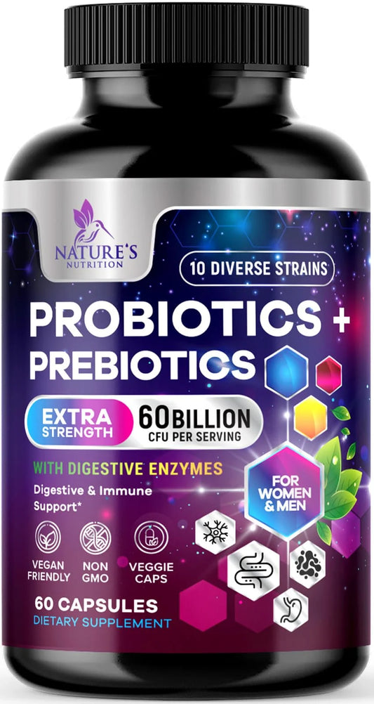 Daily Probiotic for Women & Men 60 Billion CFU 10 Strains Supplement Lactobacillus Probiotics - Digestive Gut & Immune Health Support - Supports Occasional Constipation, Gas & Bloating - 60 Capsules
