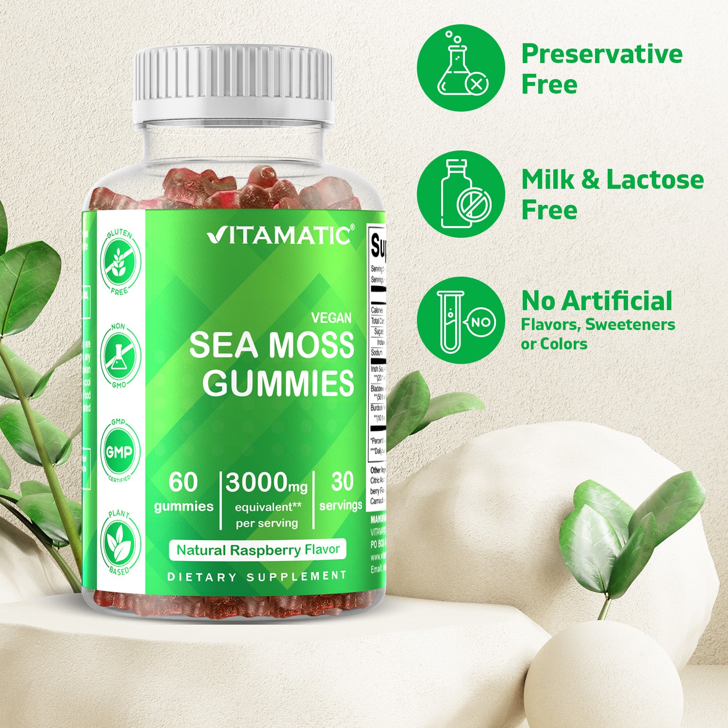 Irish Sea Moss Gummies - 3000 Mg - 60 Vegan Gummies - Made with Bladderwrack & Burdock Root - Seamoss Supplement for Thyroid, Energy, Immune Support
