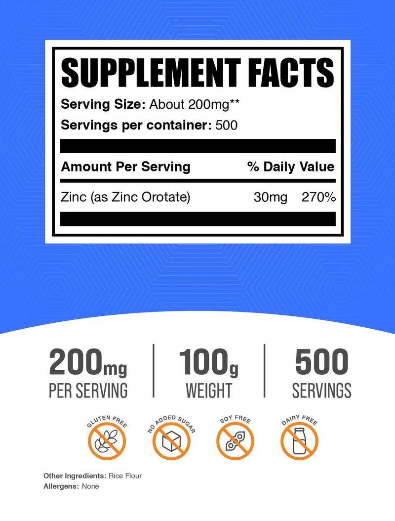 Zinc Orotate Powder - Gluten Free, 200Mg per Serving - 100 Grams (3.5 Oz) - 500 Servings