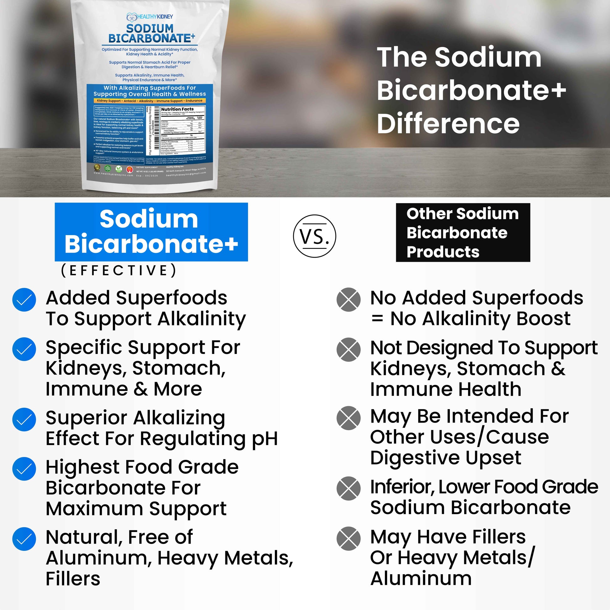Healthy Kidney Sodium Bicarbonate+, Alkaline Supplement for Alkalinity, Support Kidneys & Stomach Acid Neutralizer with Alkaline Superfoods. Sodium Bicarbonate Powder Kidney Immune, 1 Lb.