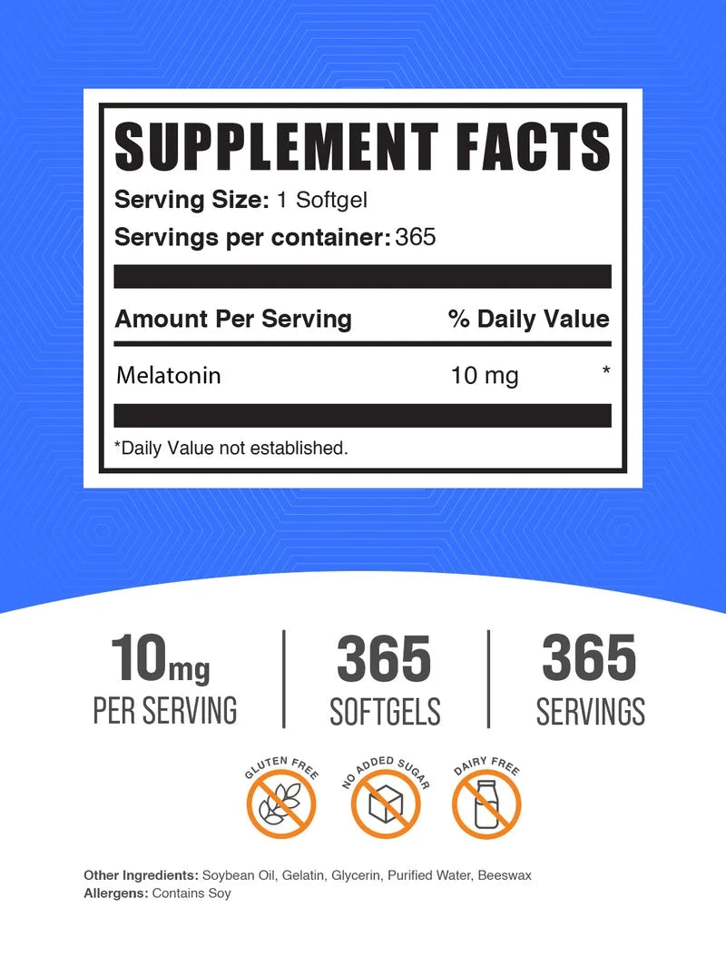 Bulksupplements Melatonin 10Mg Softgels - Melatonin Supplement, for Sleep Support - 1 Softgel per Serving (10Mg), 365 Count