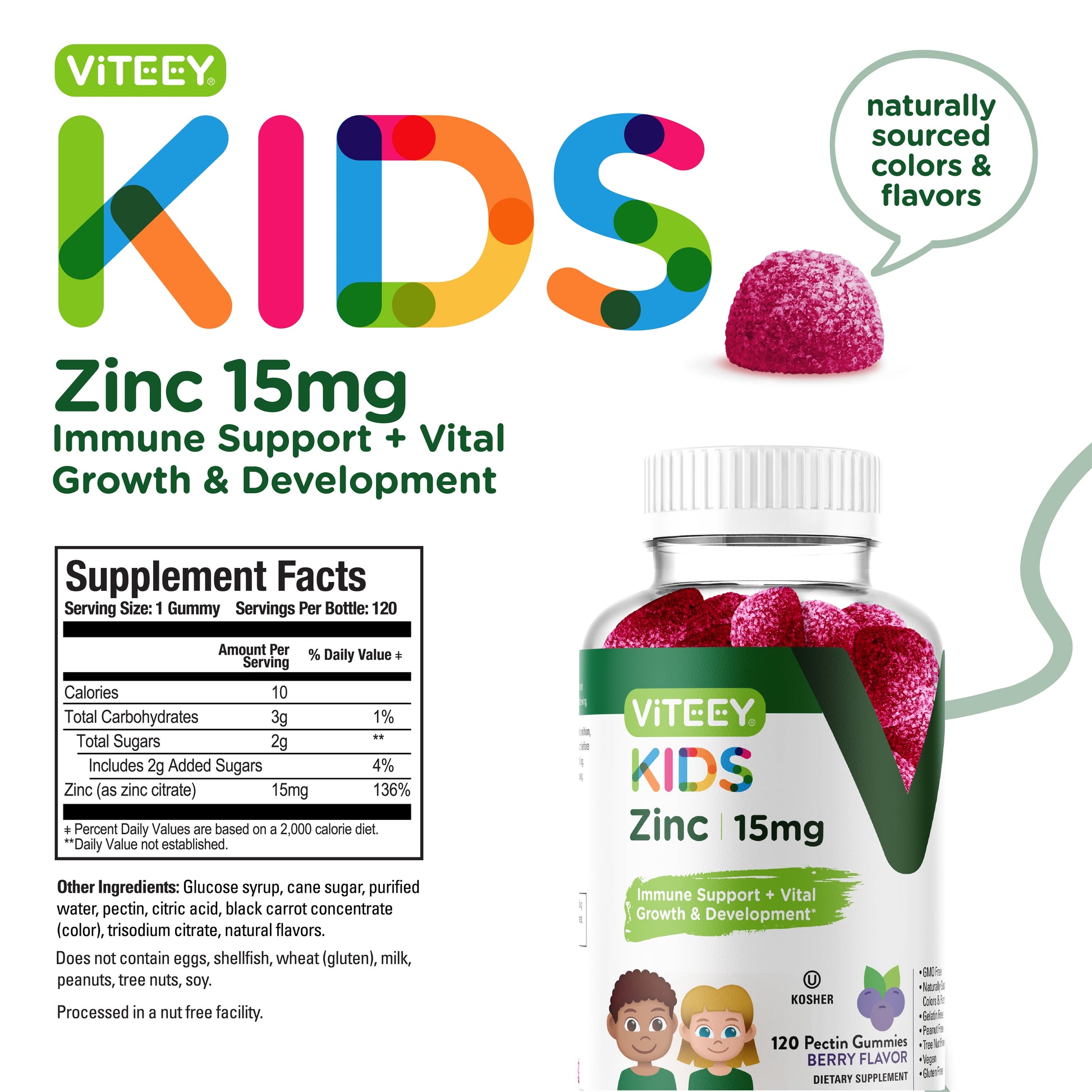 Kids Zinc Gummies 15Mg, Kids Immune Support, Berry Flavor, 120 Count
