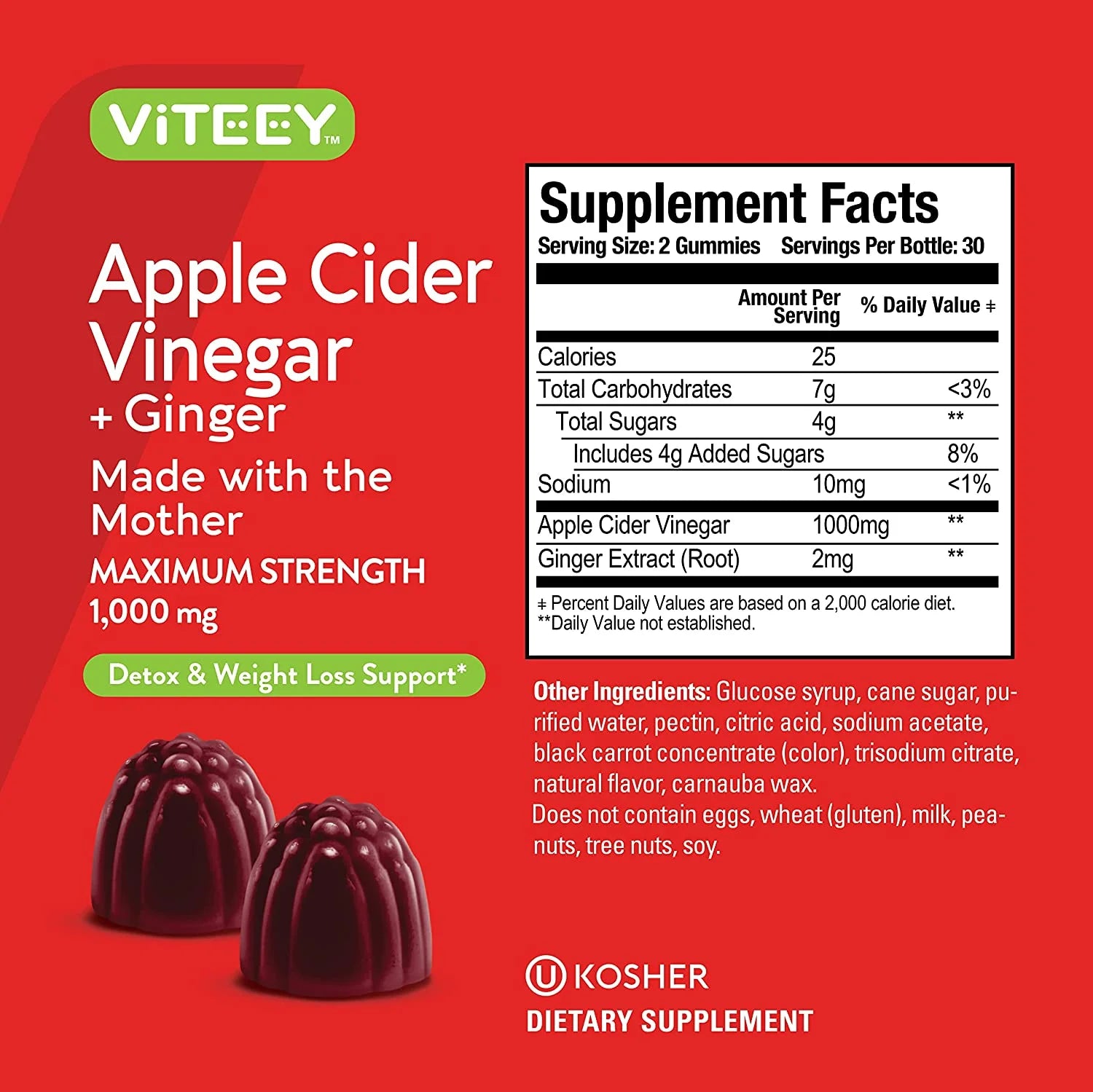 Apple Cider Vinegar Gummies and Ginger, Detox and Cleanse, Apple Flavor, 60 Count, 1 Pack