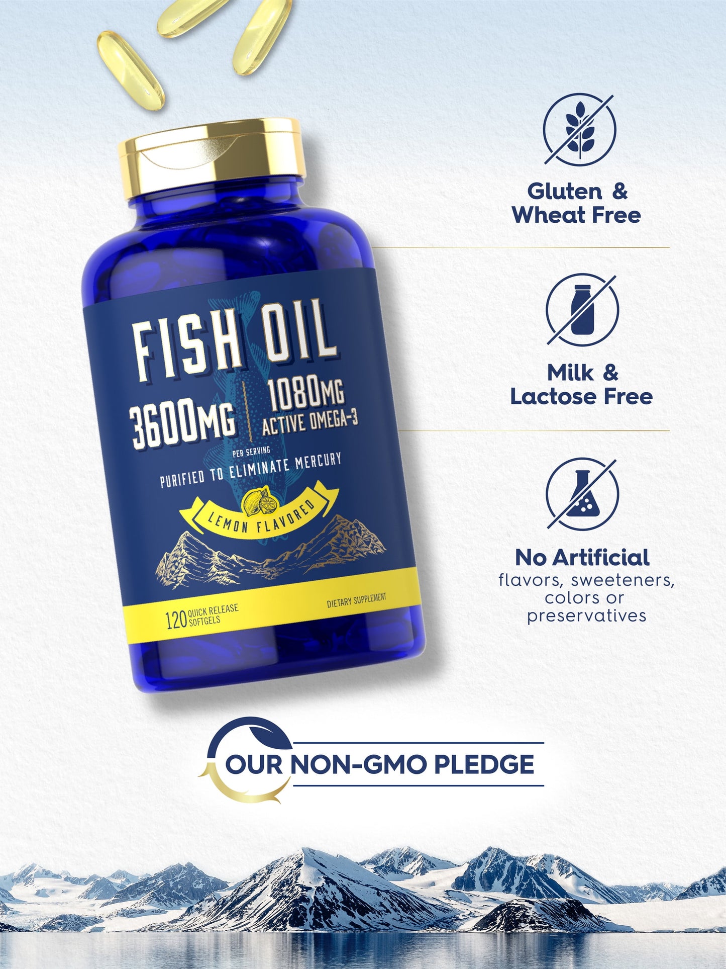 Fish Oil Pills 3600Mg | 1080Mg Omega 3 Supplement | 120 Lemon Flavored Softgels | by