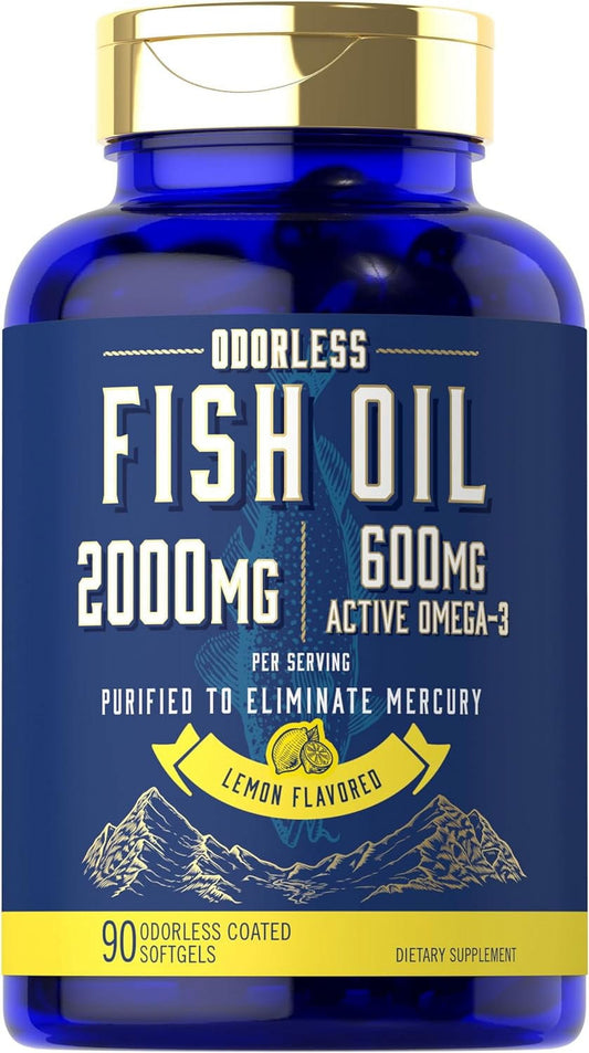 Fish Oil Pills 2000Mg | 600Mg Omega 3 | 90 Odorless Softgels | Lemon Flavored | by