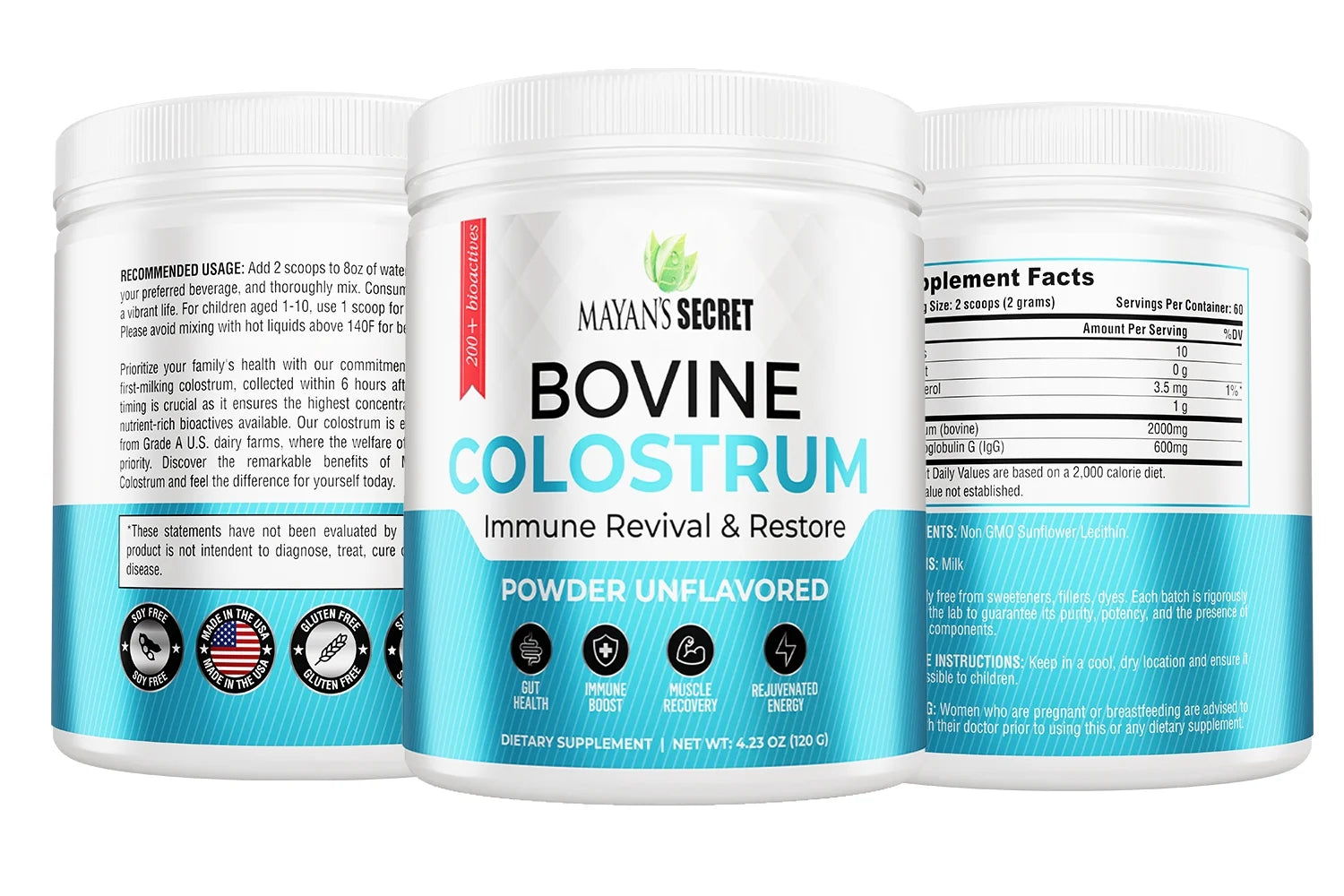 Colostrum Powder Grass-Fed -For Human Gut Health, Immunity, Skin & Hair, Muscle Recovery - over 400 Bioactive Nutrients, 6-Hour Guaranteed Pure Formula, Non-Gmo, Unflavored, 60-Day Supply