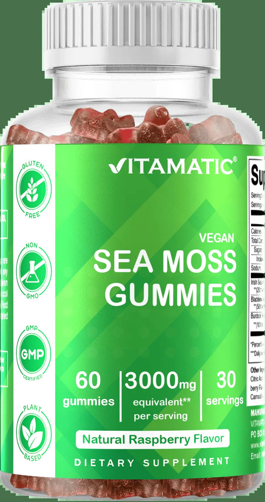 Irish Sea Moss Gummies - 3000 Mg - 60 Vegan Gummies - Made with Bladderwrack & Burdock Root - Seamoss Supplement for Thyroid, Energy, Immune Support