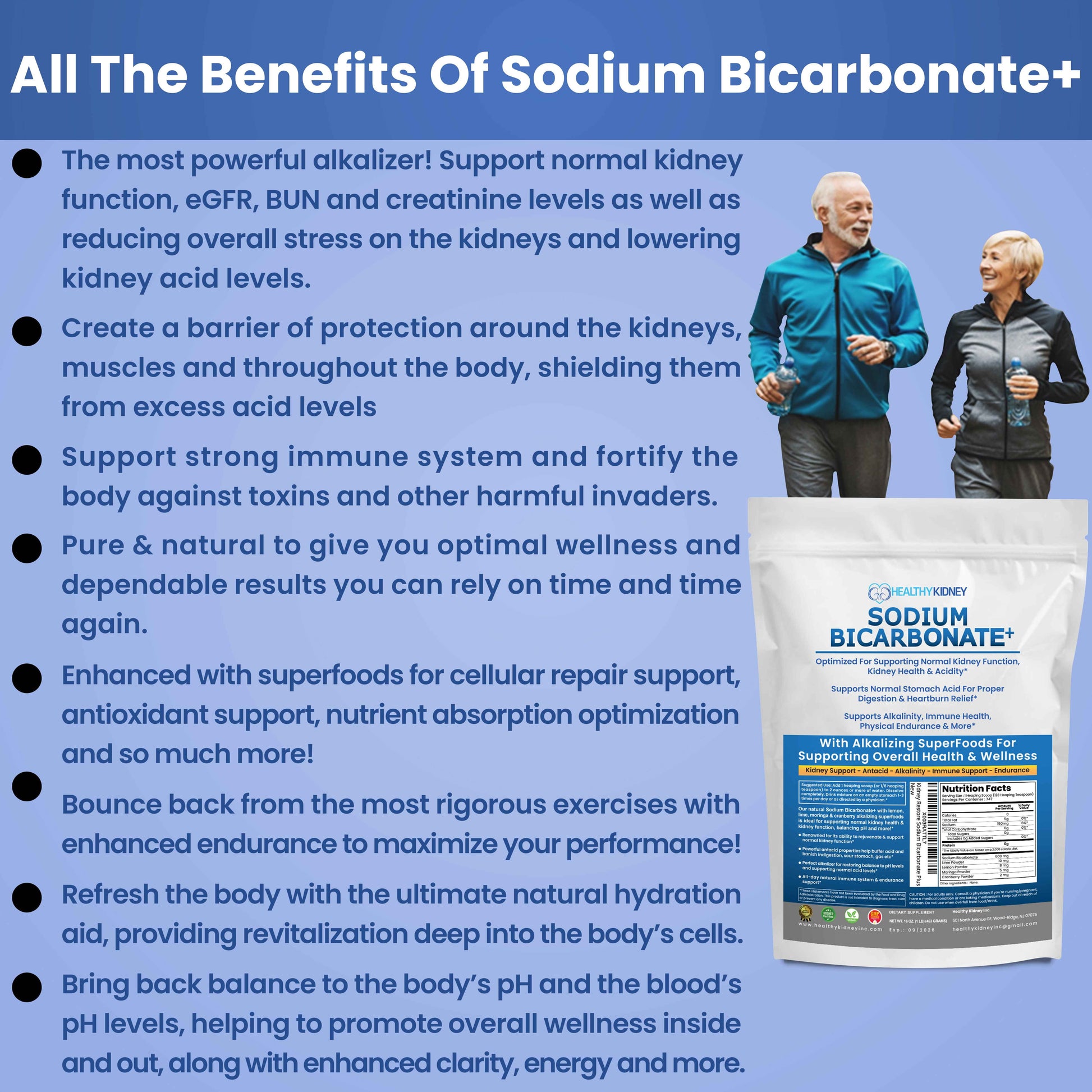 Healthy Kidney Sodium Bicarbonate+, Alkaline Supplement for Alkalinity, Support Kidneys & Stomach Acid Neutralizer with Alkaline Superfoods. Sodium Bicarbonate Powder Kidney Immune, 1 Lb.