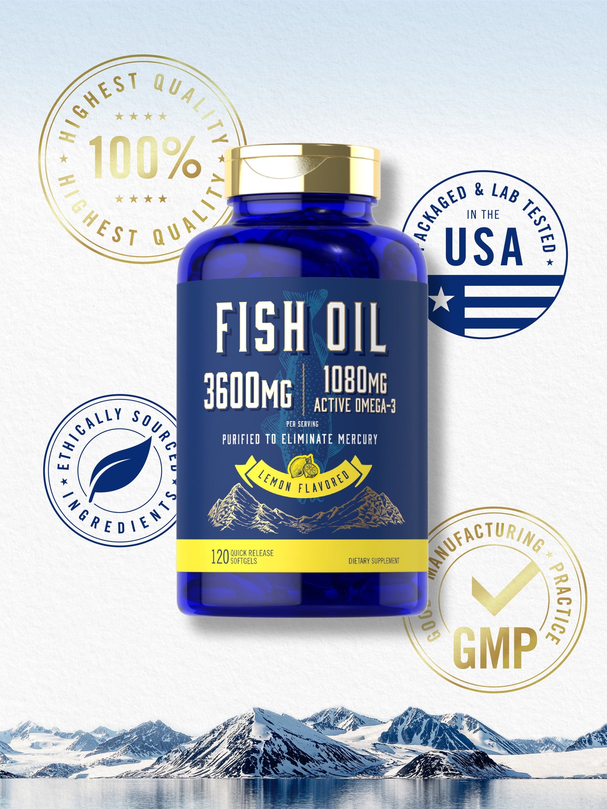 Fish Oil Pills 3600Mg | 1080Mg Omega 3 Supplement | 120 Lemon Flavored Softgels | by