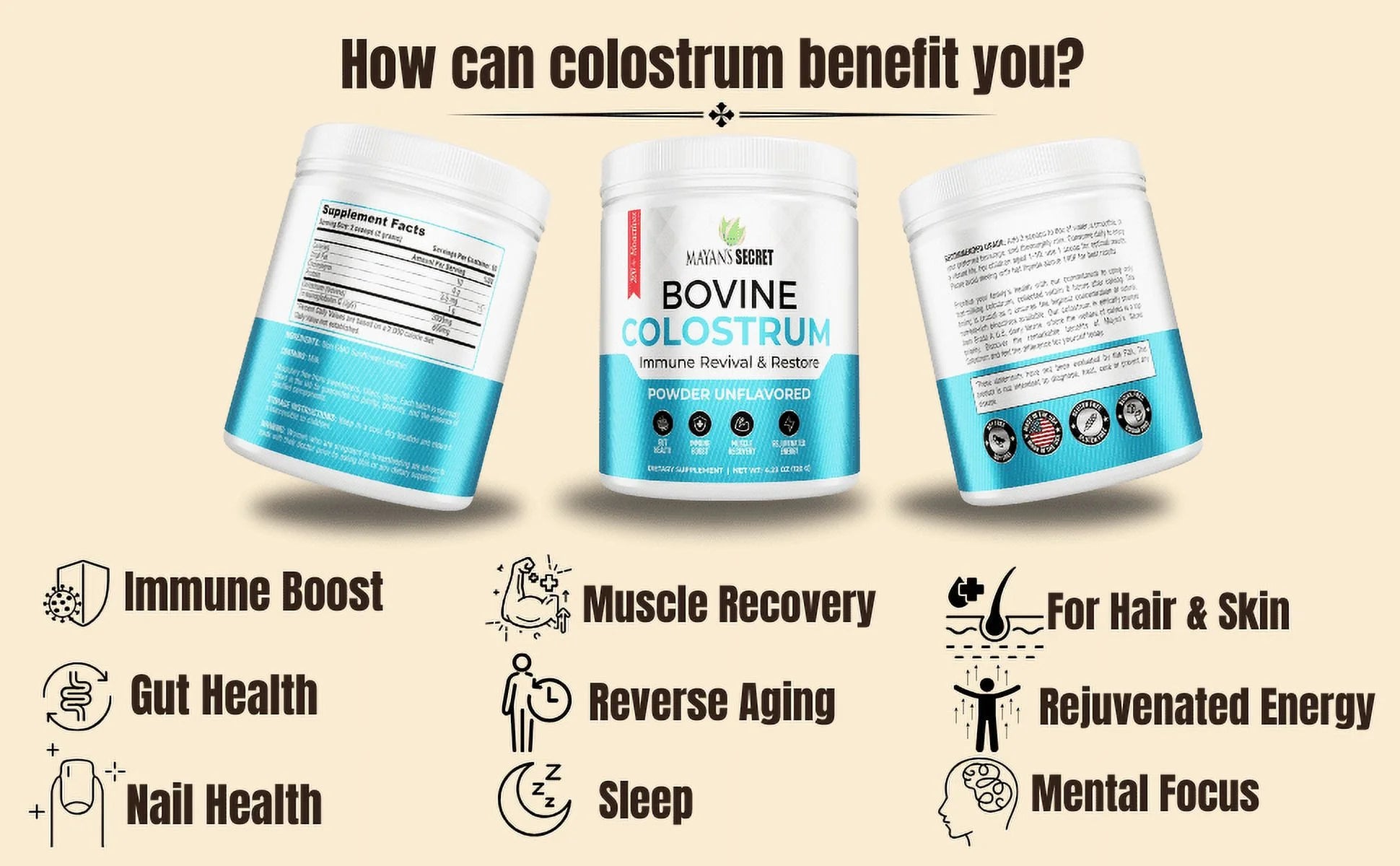 Colostrum Powder Grass-Fed -For Human Gut Health, Immunity, Skin & Hair, Muscle Recovery - over 400 Bioactive Nutrients, 6-Hour Guaranteed Pure Formula, Non-Gmo, Unflavored, 60-Day Supply