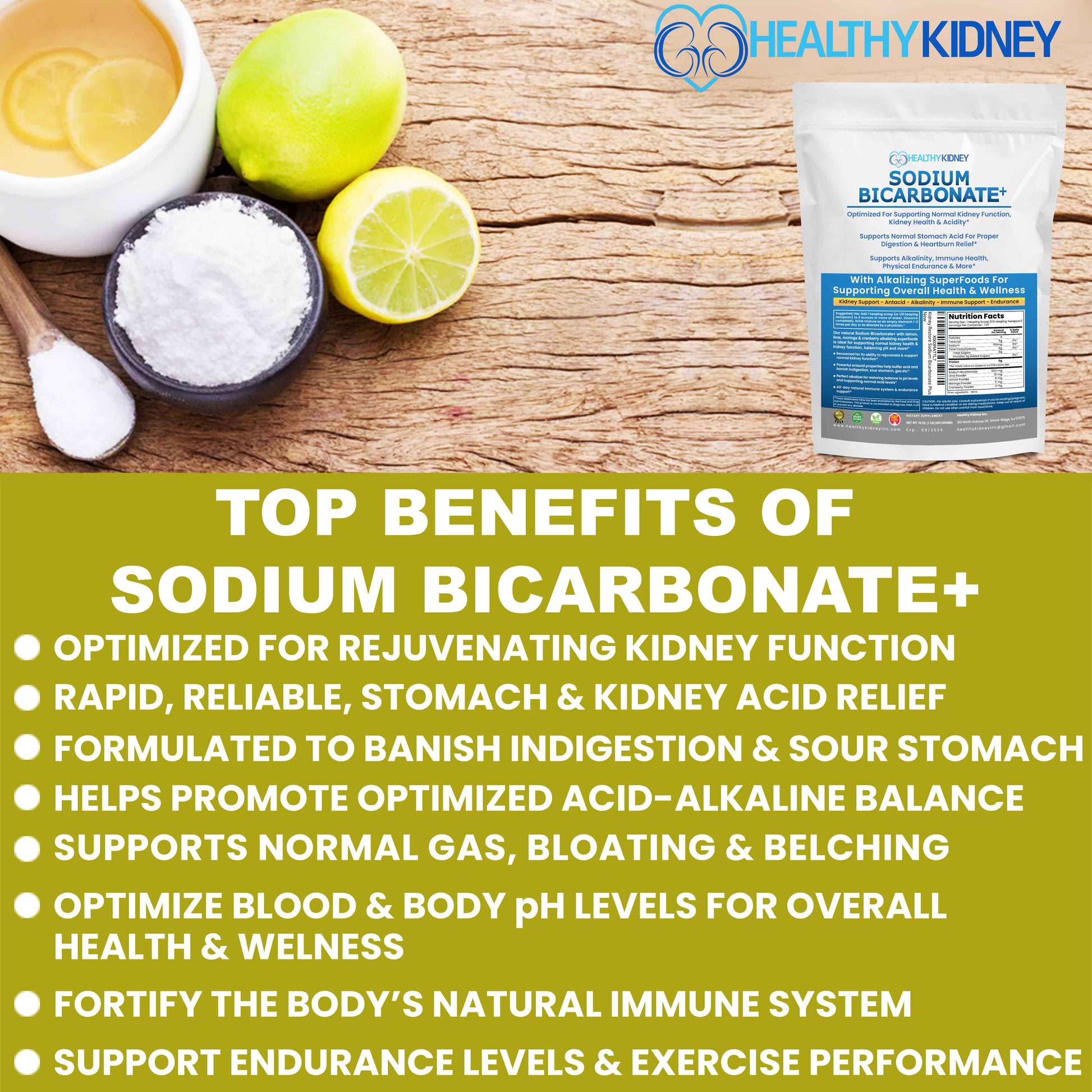 Healthy Kidney Sodium Bicarbonate+, Alkaline Supplement for Alkalinity, Support Kidneys & Stomach Acid Neutralizer with Alkaline Superfoods. Sodium Bicarbonate Powder Kidney Immune, 1 Lb.