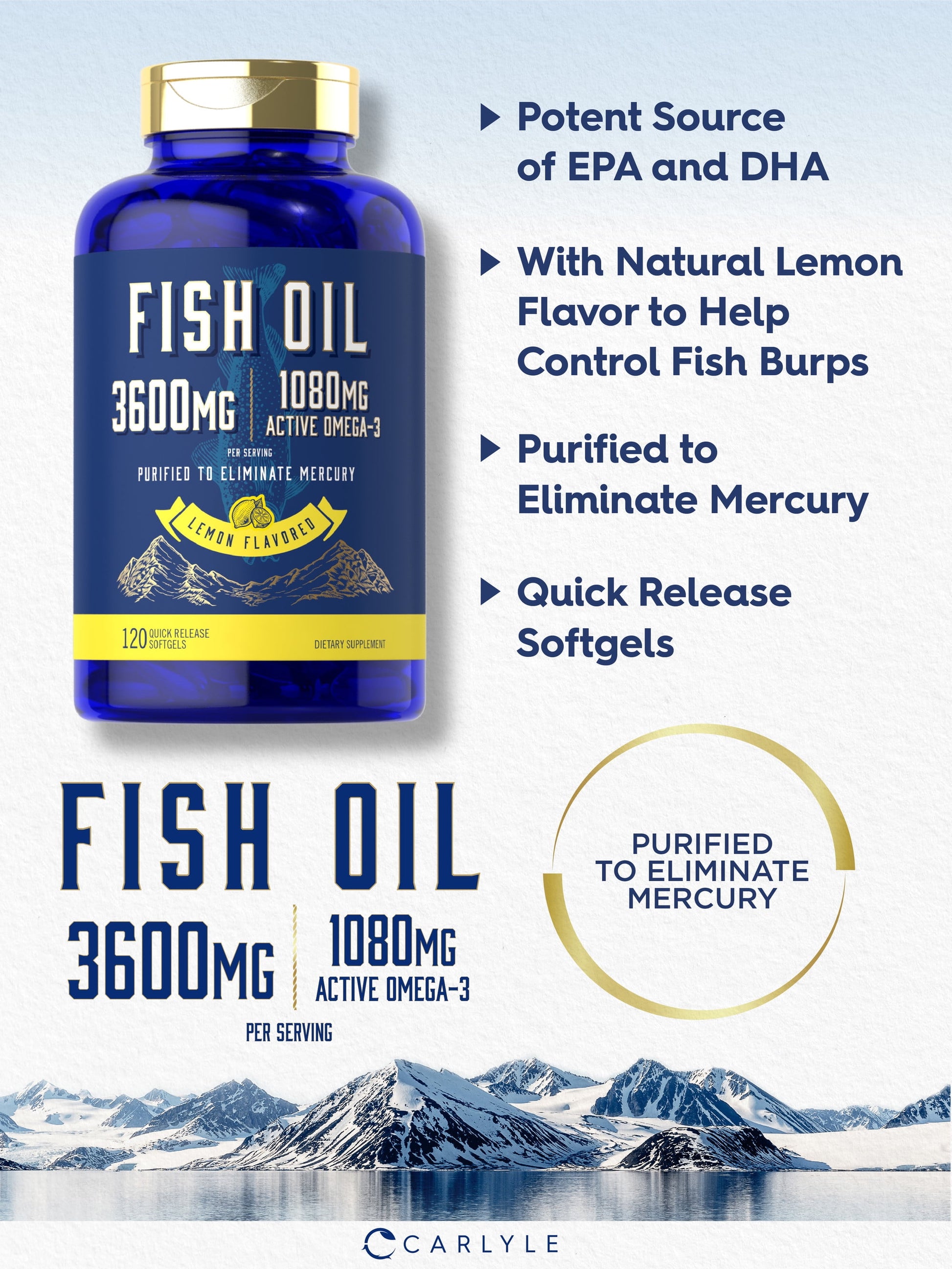 Fish Oil Pills 3600Mg | 1080Mg Omega 3 Supplement | 120 Lemon Flavored Softgels | by