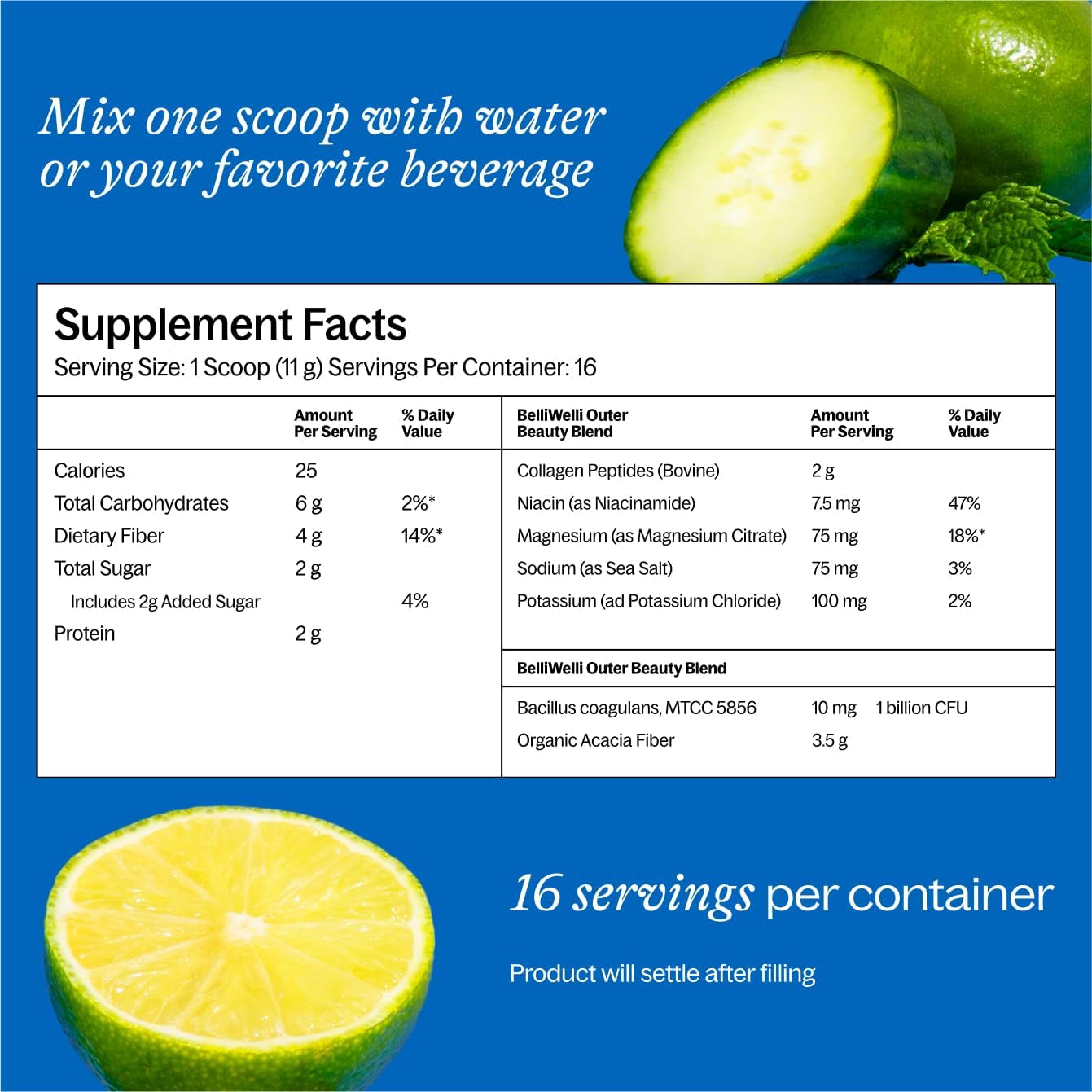 Daily Fiber Supplement with Added Collagen, Probiotics and Electrolytes | Supports Digestive Health and Regularity | Cucumber Lime Mint | 16 Servings