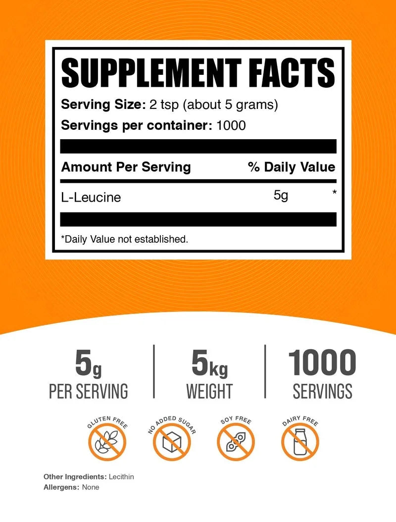 Bulksupplements L-Leucine Powder, 5G per Serving - 5 Kilograms (11 Lbs) - 1000 Servings