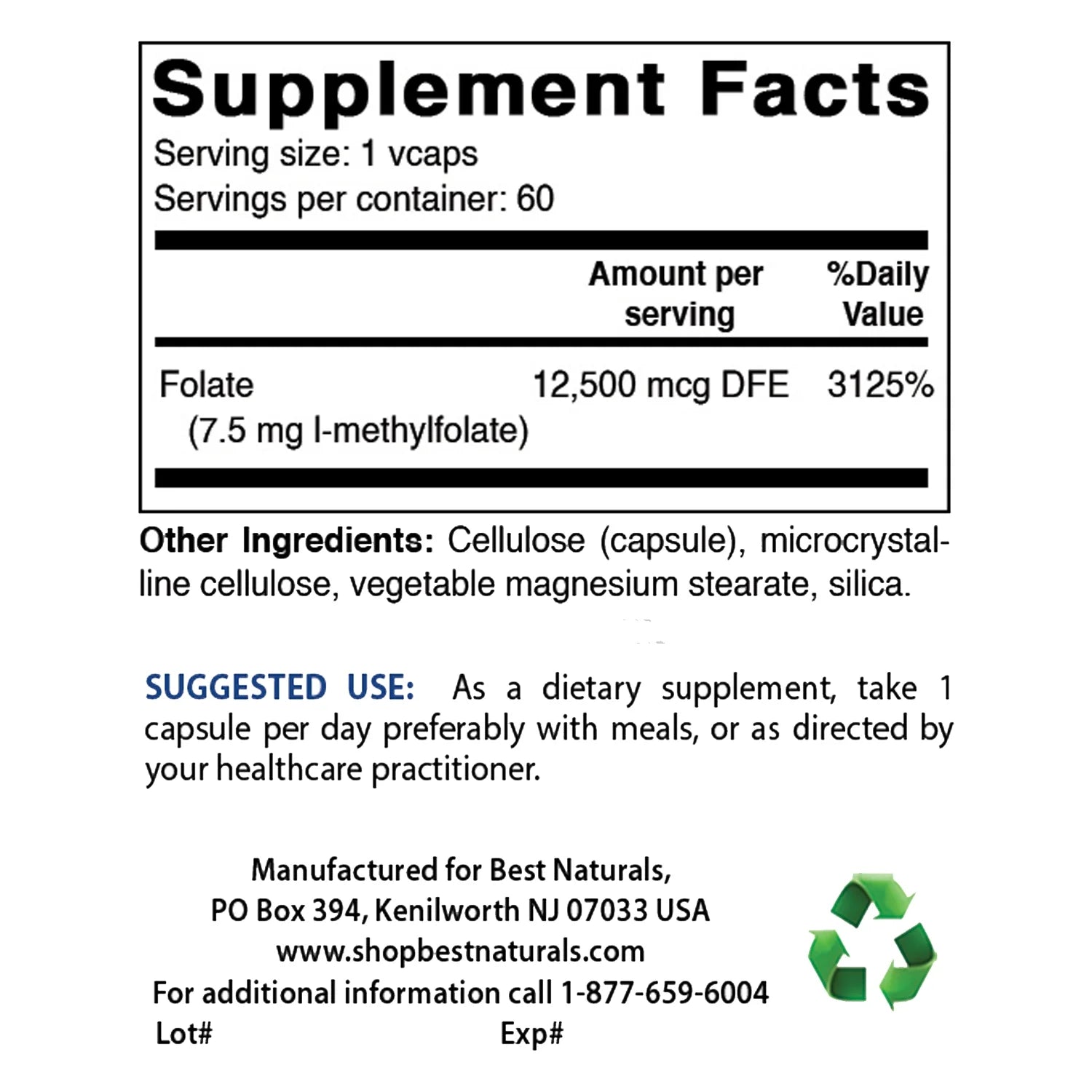Methyl Folate 7500 Mcg (7.5Mg) 60 Capsules (Vegetarian Capsules)