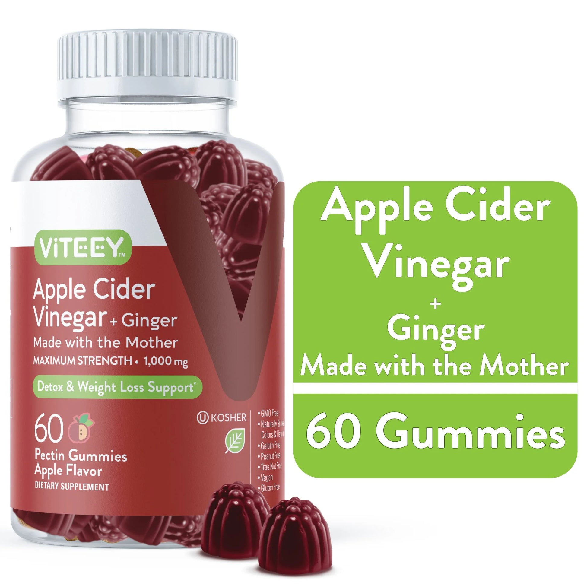 Apple Cider Vinegar Gummies and Ginger, Detox and Cleanse, Apple Flavor, 60 Count, 1 Pack