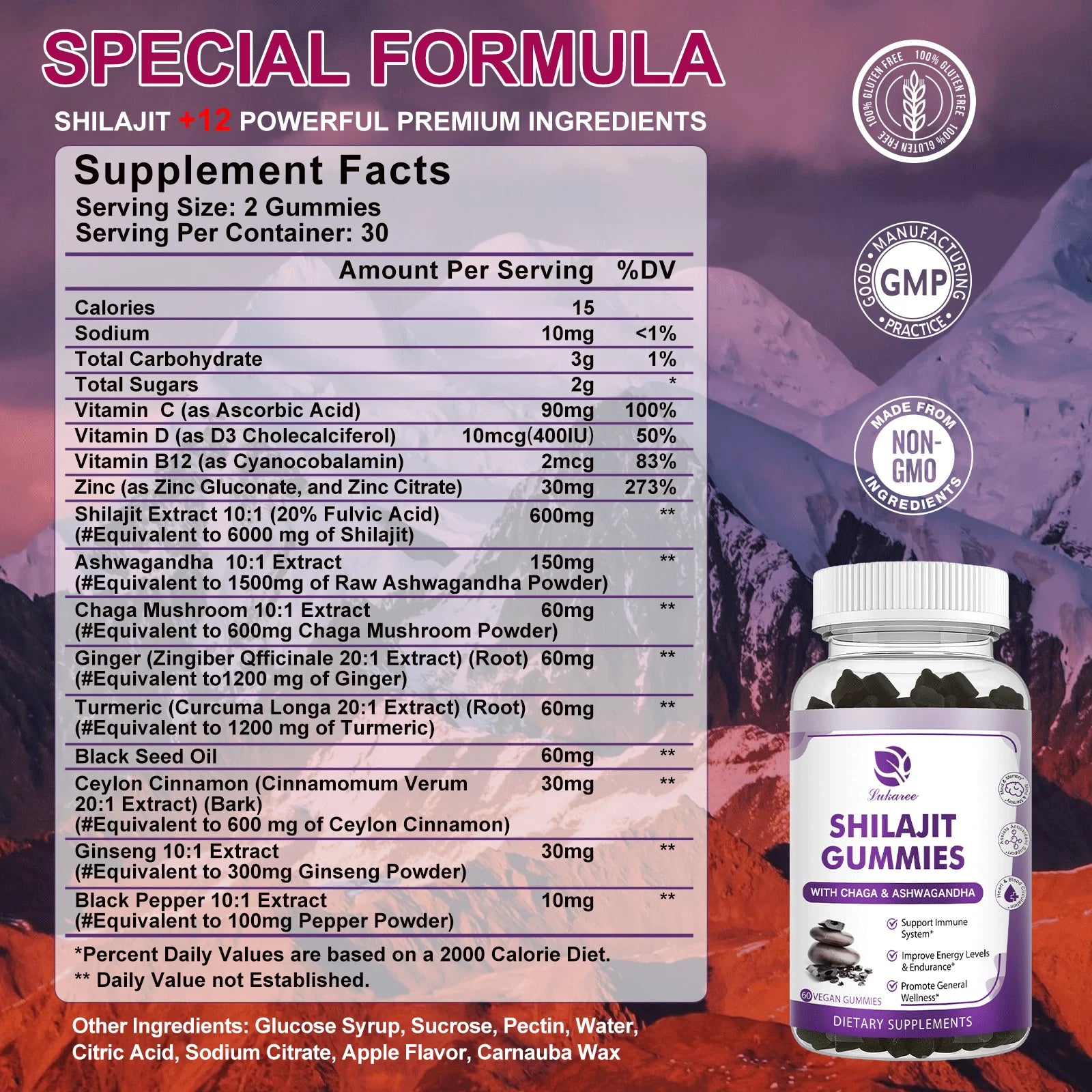 Shilajit Gummies - Himalayan Shilajit Gummies - High Potency for Energy Boost & Immune Support - with Chaga & Ashwagandha