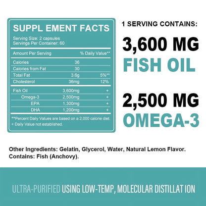 （2 Pack) Omega 3 Fish Oil Capsules 2500MG | Deep Sea Oil Rich EPA & DHA VE Vegetarian prove Supplement (Non-Gmo) | 240 Capsules