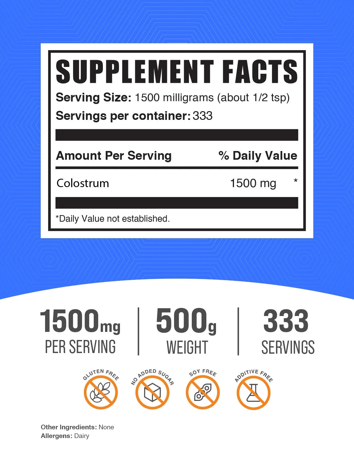 Colostrum Powder, 1.5G per Serving - 500 Grams (1.1 Lbs) - 333 Servings