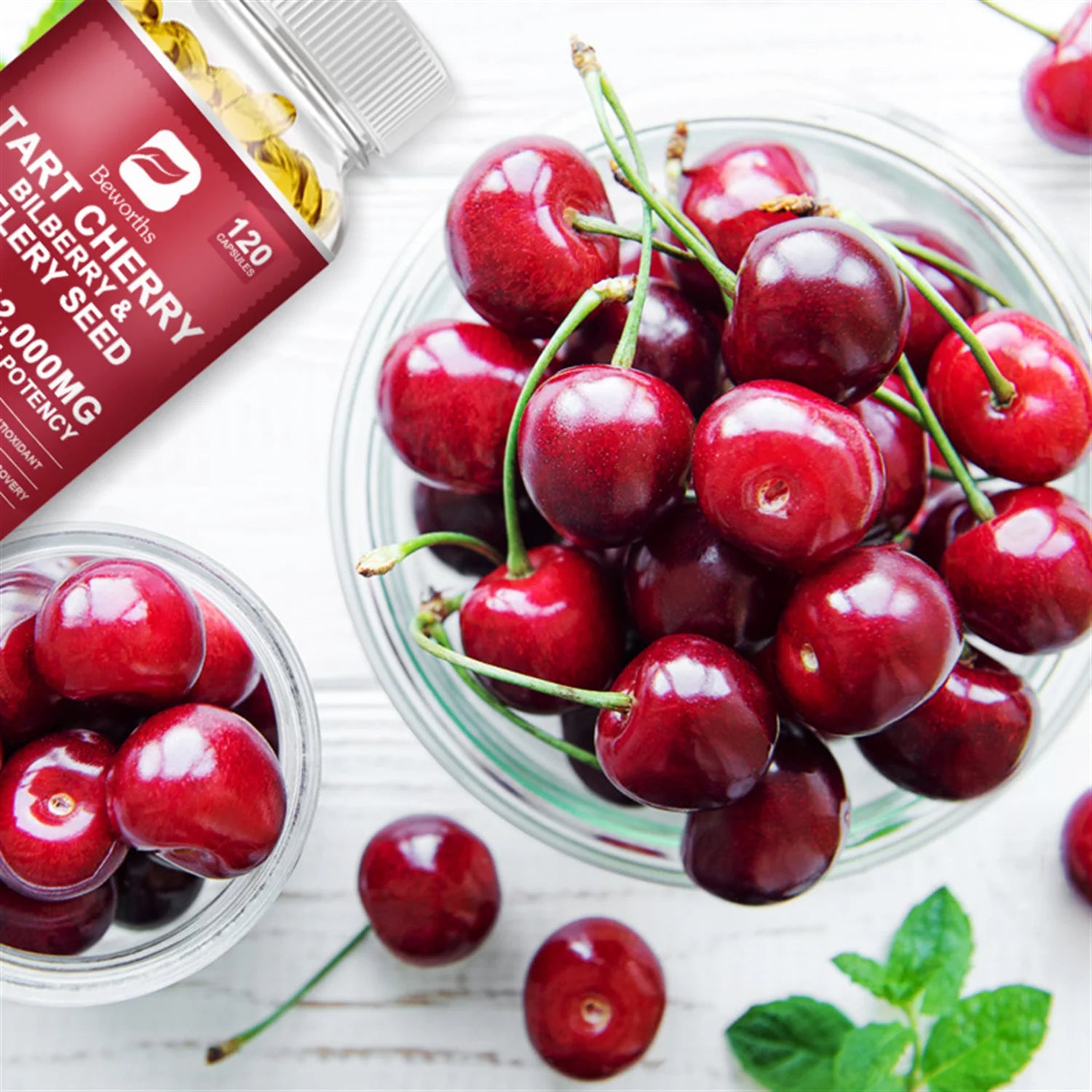 (2 Pack) Organic Tart Cherry Extract Capsules with Bilberry Fruit & Celery Seed, 1200Mg High Potency for Joint Support & Muscle Recovery, 240 Capsules Total -