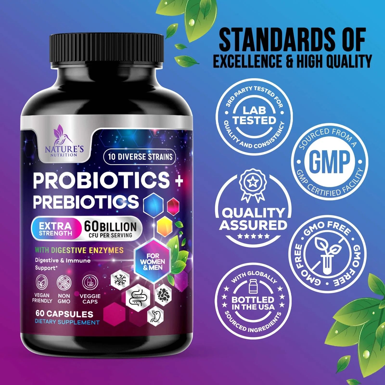 Daily Probiotic for Women & Men 60 Billion CFU 10 Strains Supplement Lactobacillus Probiotics - Digestive Gut & Immune Health Support - Supports Occasional Constipation, Gas & Bloating - 60 Capsules