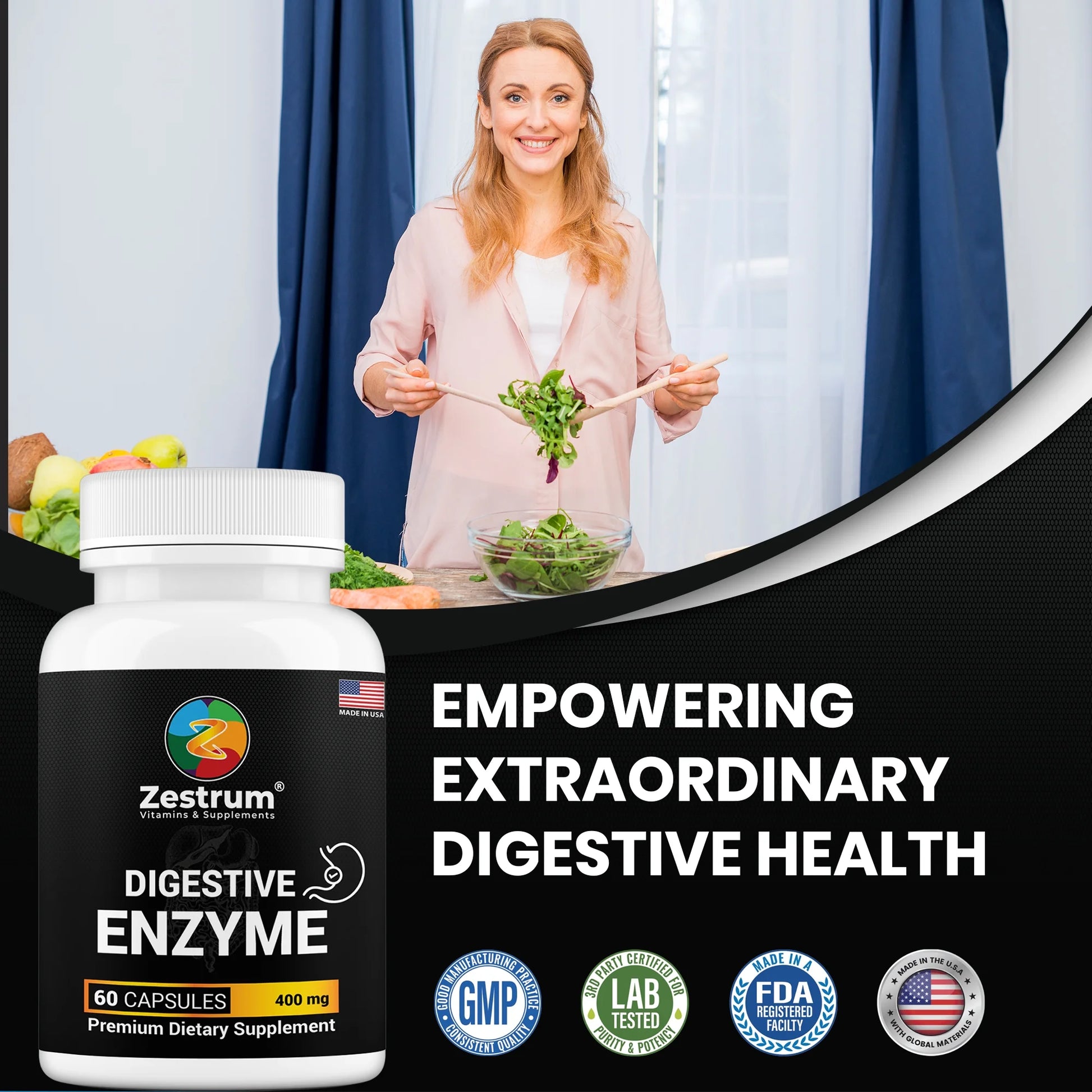ZESTRUM Digestive Enzymes - 400Mg Ultra Digestive Food Enzymes for Gas, Bloating & Food Digestion - 60Ct