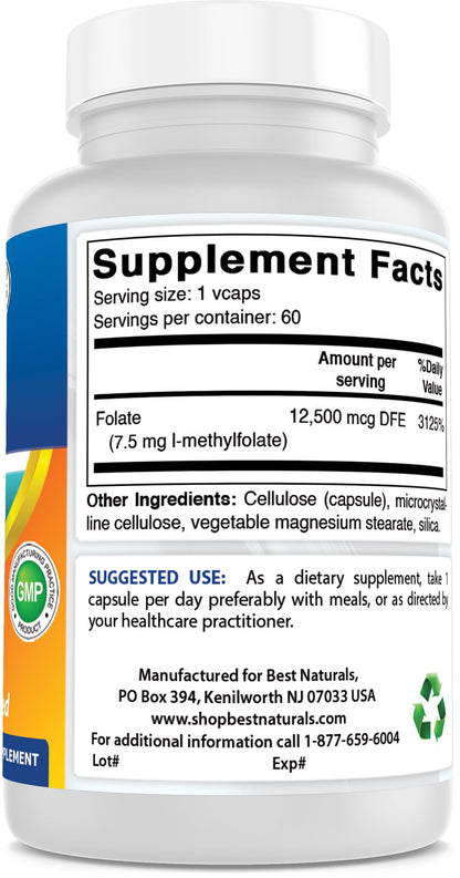 Methyl Folate 7500 Mcg (7.5Mg) 60 Capsules (Vegetarian Capsules)