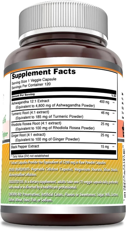Ashwagandha with Turmeric, Ginger, Rhodiola & Black Pepper 5200 Mg per Serving | 120 Veggie Capsules Supplement | Non-Gmo | Gluten Free