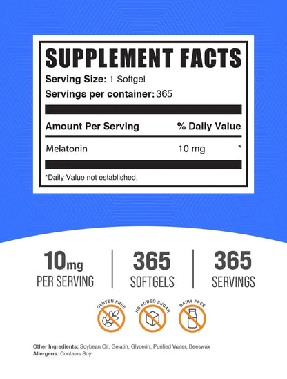 Bulksupplements Melatonin 10Mg Softgels - Melatonin Supplement, for Sleep Support - 1 Softgel per Serving (10Mg), 365 Count