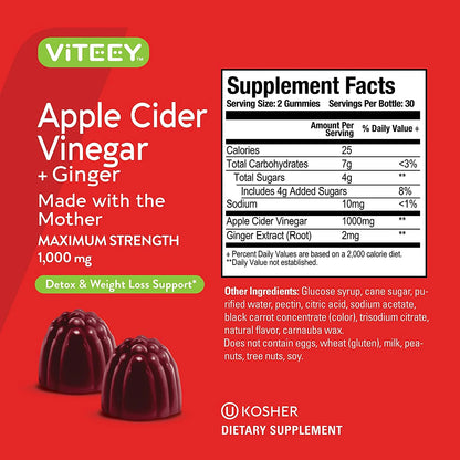 Apple Cider Vinegar Gummies and Ginger, Detox and Cleanse, Apple Flavor, 60 Count, 1 Pack