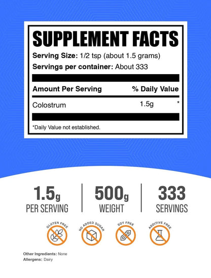 Colostrum Powder, 1.5G per Serving - 500 Grams (1.1 Lbs) - 333 Servings