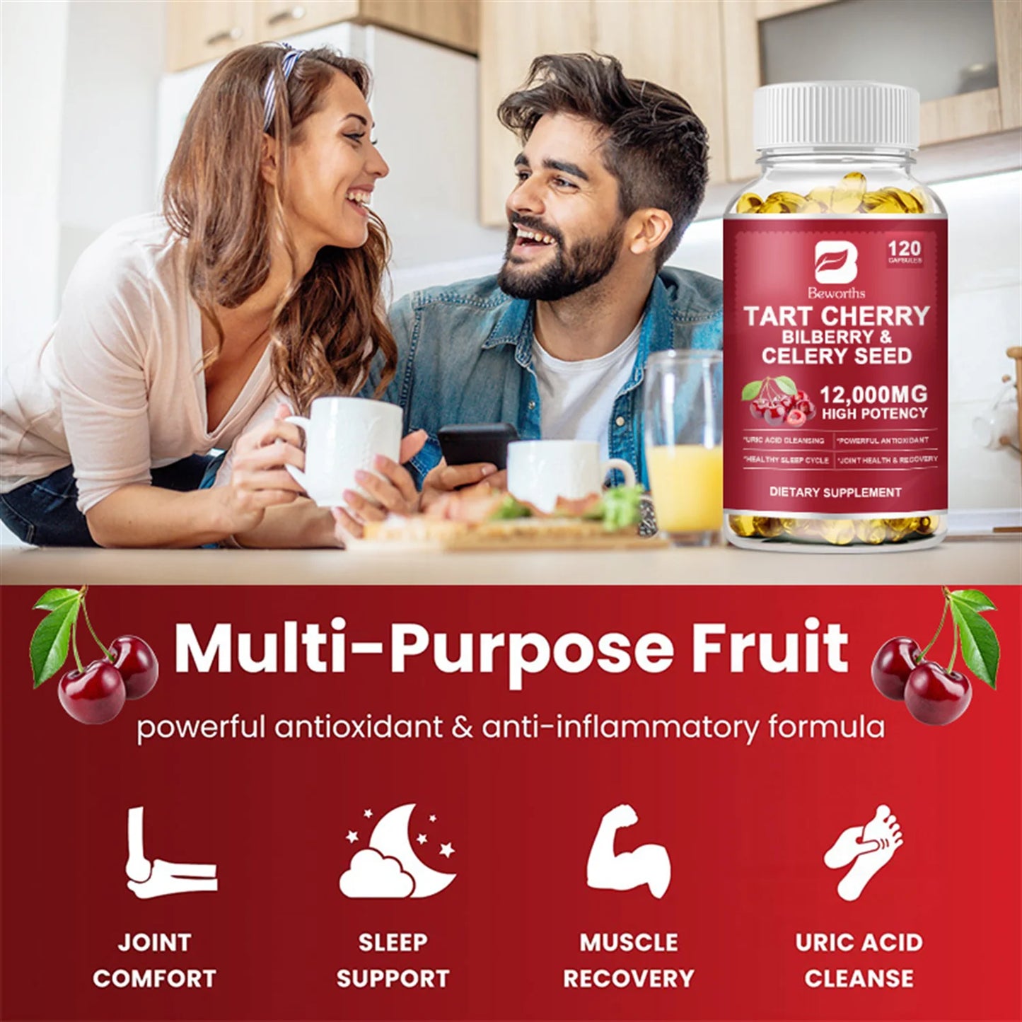 (2 Pack) Organic Tart Cherry Extract Capsules with Bilberry Fruit & Celery Seed, 1200Mg High Potency for Joint Support & Muscle Recovery, 240 Capsules Total -