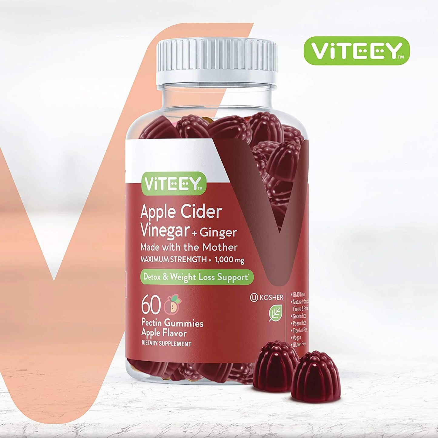 Apple Cider Vinegar Gummies and Ginger, Detox and Cleanse, Apple Flavor, 60 Count, 1 Pack