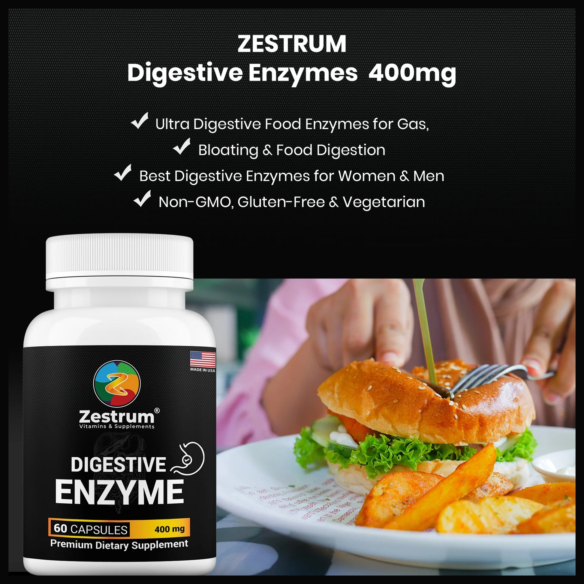 ZESTRUM Digestive Enzymes - 400Mg Ultra Digestive Food Enzymes for Gas, Bloating & Food Digestion - 60Ct