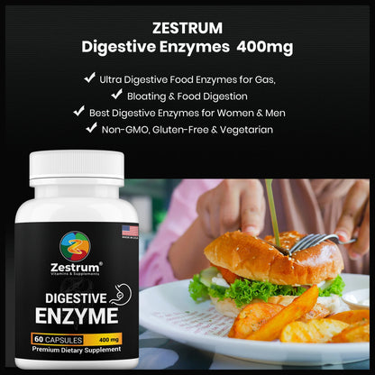 ZESTRUM Digestive Enzymes - 400Mg Ultra Digestive Food Enzymes for Gas, Bloating & Food Digestion - 60Ct