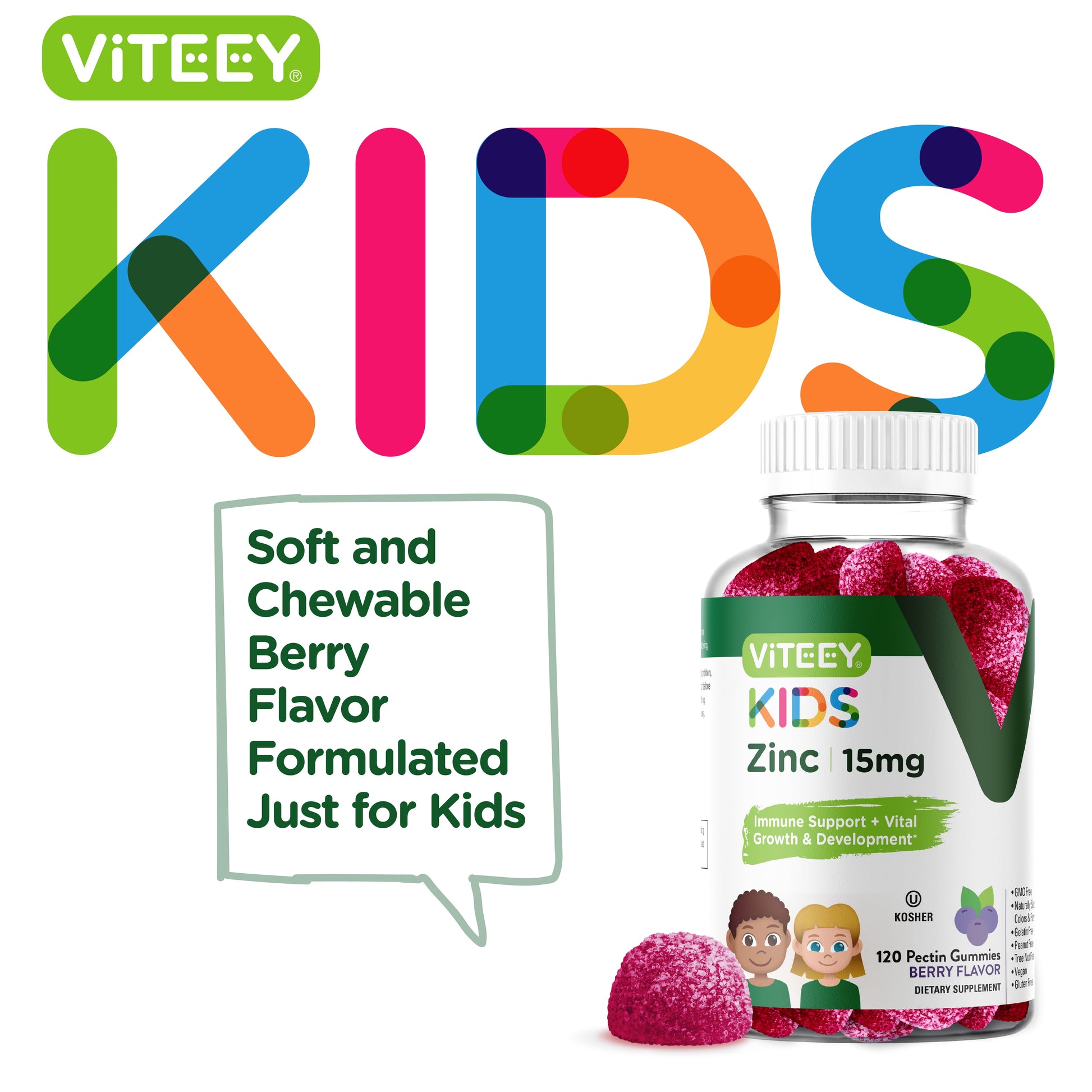 Kids Zinc Gummies 15Mg, Kids Immune Support, Berry Flavor, 120 Count