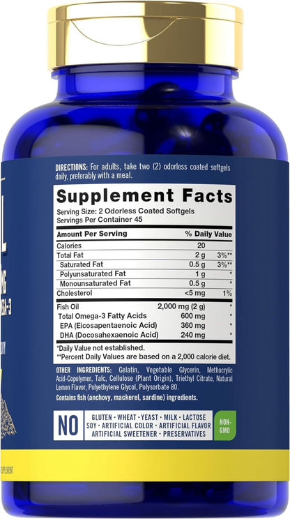 Fish Oil Pills 2000Mg | 600Mg Omega 3 | 90 Odorless Softgels | Lemon Flavored | by