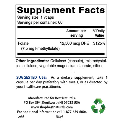 Methyl Folate 7500 Mcg (7.5Mg) 60 Capsules (Vegetarian Capsules)